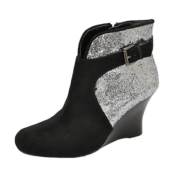 Guess LANDAN Ankle Boot Wedge Bootie Heel Pump Black/Silver Glitter 6/7.5/9.5 - Picture 1 of 8